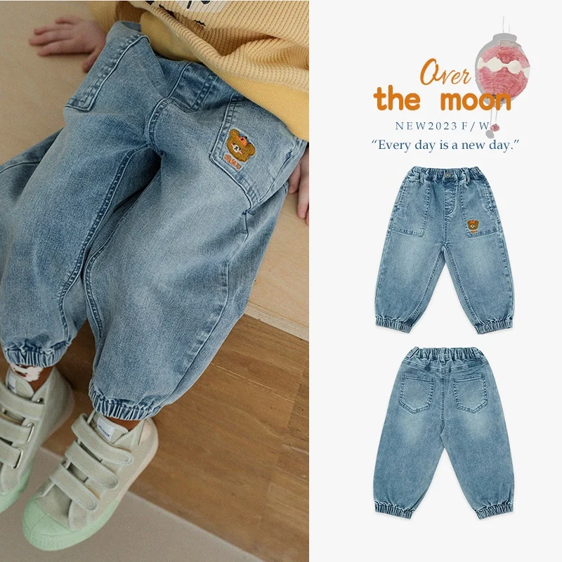 

Jenny&Dave 2023 Autumn/Winter New Children's Casual Pants: Children's Cartoon Bear Head Letter Embroidered Loose Fit Jeans for C