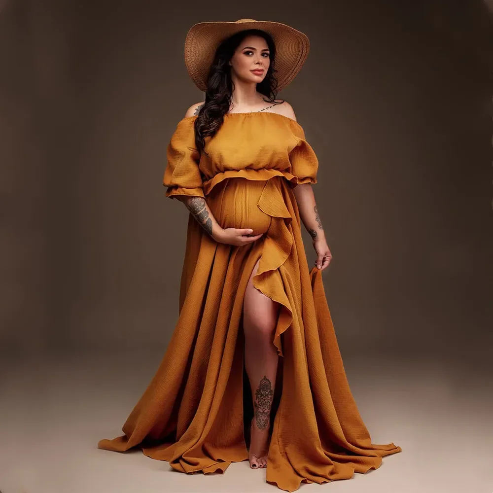 Boho Rust Cotton Maternity Photoshoot Long Dress Bohemian Cotton 2 in 1 Pregnancy Photography Dress