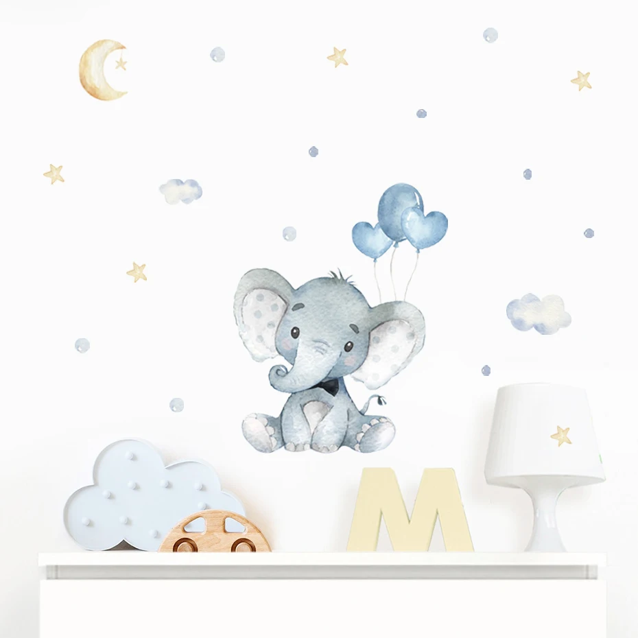 Cartoon Elephant Blue Balloon Watercolor Wall Stickers Removable Nursery Wall Decals Print Kids Baby Room Interior Home Decor