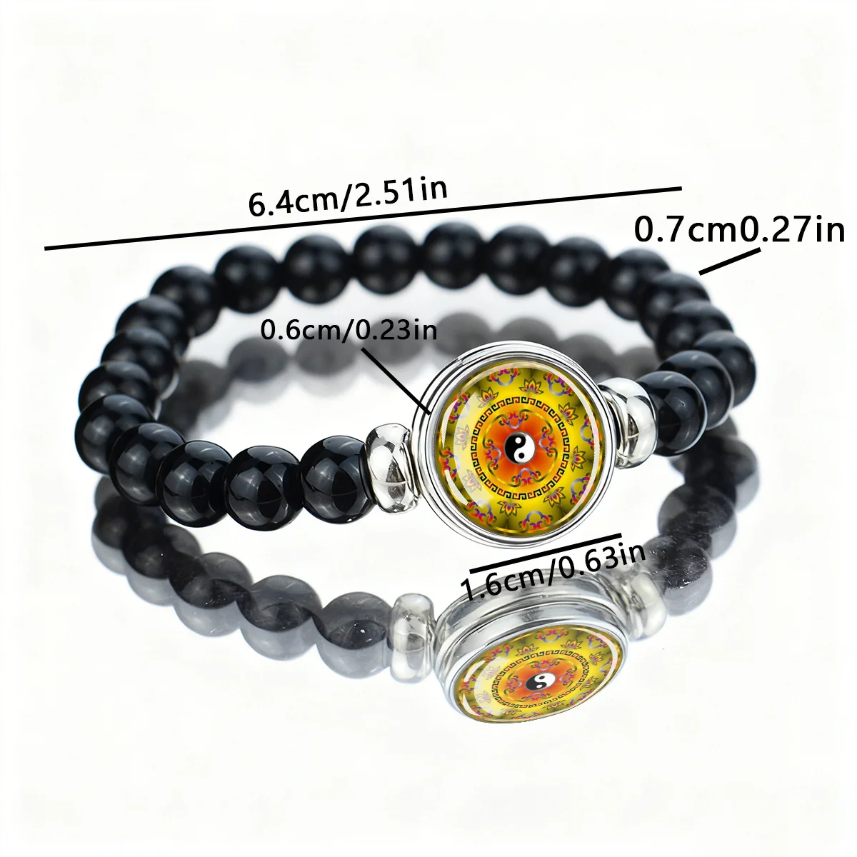 1PC Yin Yang Eight Trigrams Theme Pattern Bracelet, Detachable Pendant Replacement Design, Black Elastic Bead Bracelet