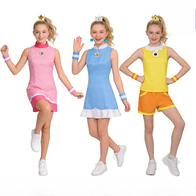 

Princess Cosplay Peach Costume Pink Blue Sportswear Peach Tennis Suit Top Shorts Ear Clips Wristband Halloween Cosplay Costume