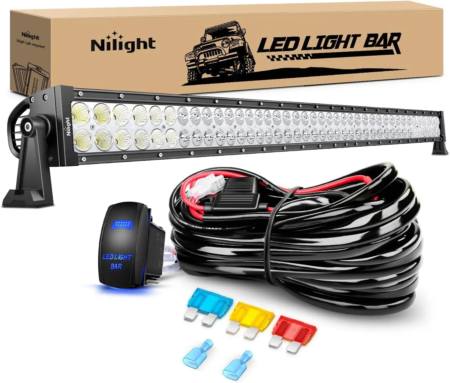 Nilight 42Inch 240W Spot Flood Combo Led Light Bar Off Road Driving Lights Boat Lights Fog Light 12V On/Off 5 Pin Rocker Switch Power 14AWG Wiring Harness Kit-1 Lead for Trucks