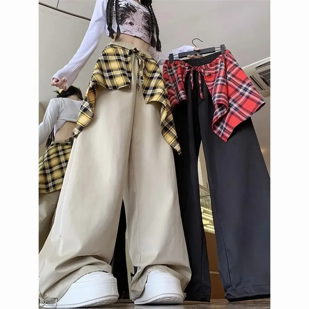 Streetwear Hip Hop Detachable Skirt Design Hip Hop Cargo Pants Grid Retro Patchwork Casual Pants Unisex American