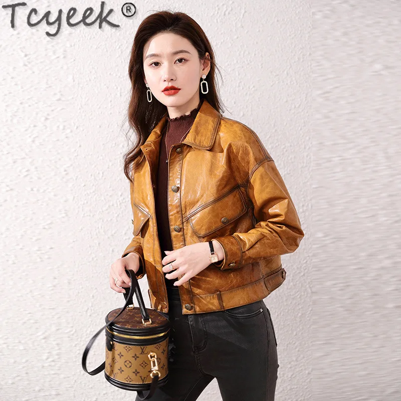 Tcyeek Veste en cuir véritable pour femme, vêtements d'automne, huile d'avertissement, manteau en peau de mouton, vestes en cuir pour femme, style court