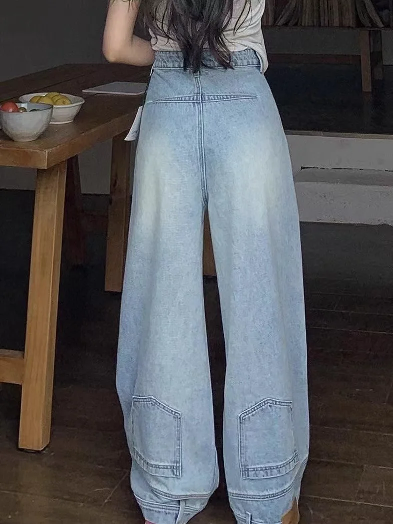 

Женские мешковатые джинсы, винтажные джинсовые брюки с высокой талией Y2k, прямые брюки с широкими штанинами в стиле Харадзюку, женские джинсовые брюки на пуговицах