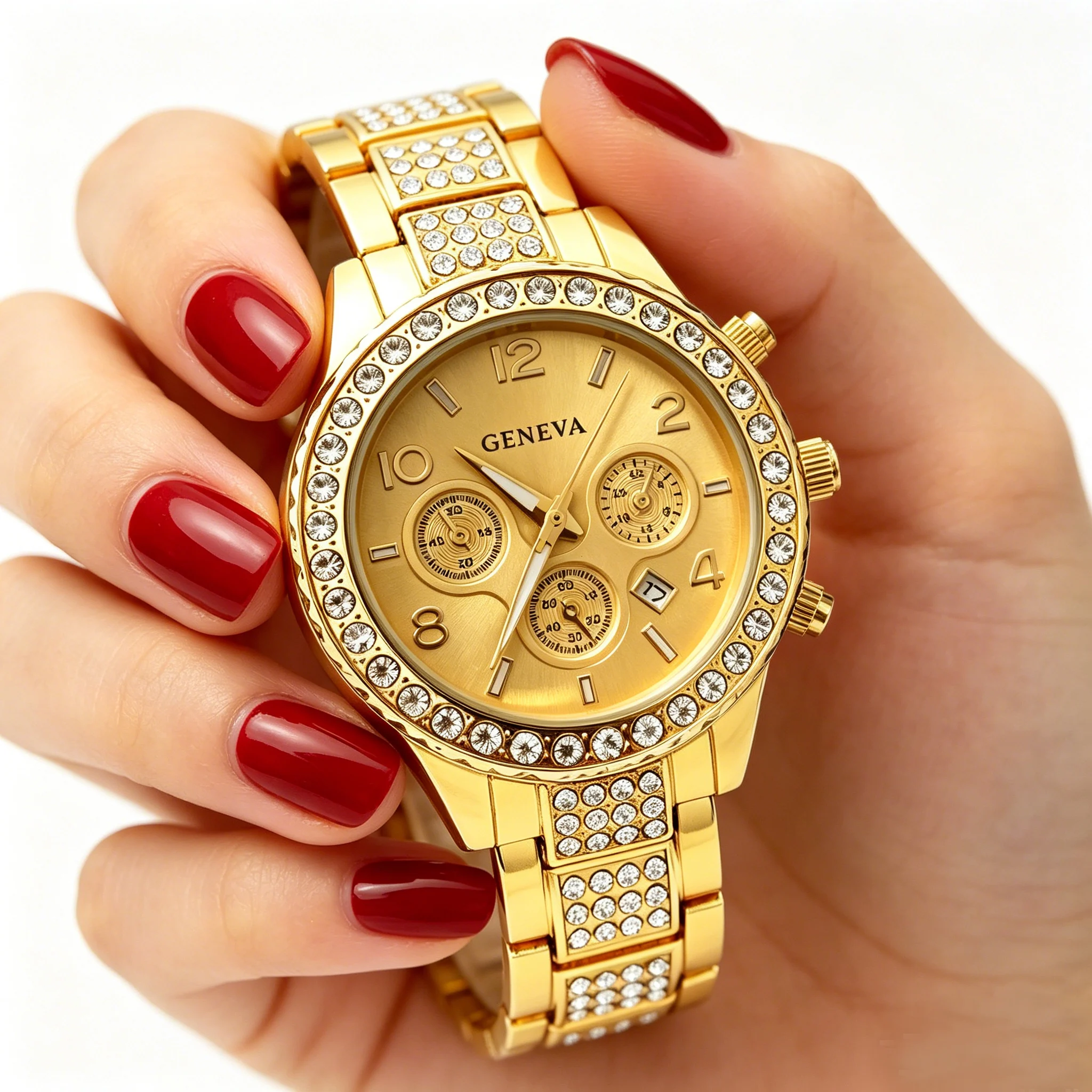

Women's crystal-dazzled three-ring dial date quartz watch, fashionable wristwatch, suitable for daily wear and party occasions.