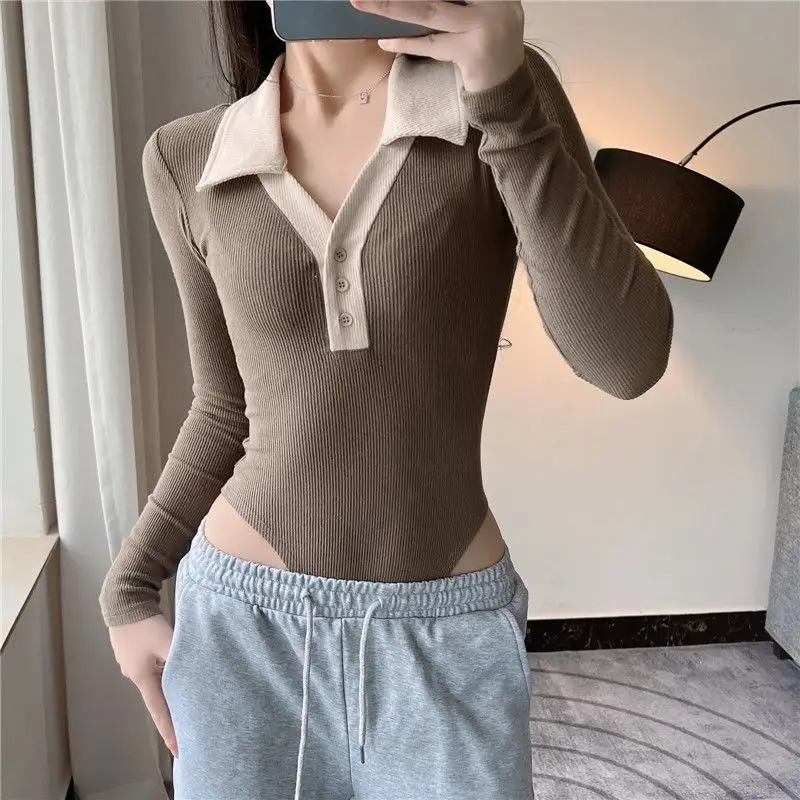 Spring Fashion New Women's Elegant Design Sense Color Blocked Jumpsuit Spicy Girl Sexy Versatile Lapel Jumpsuit Base Shirt