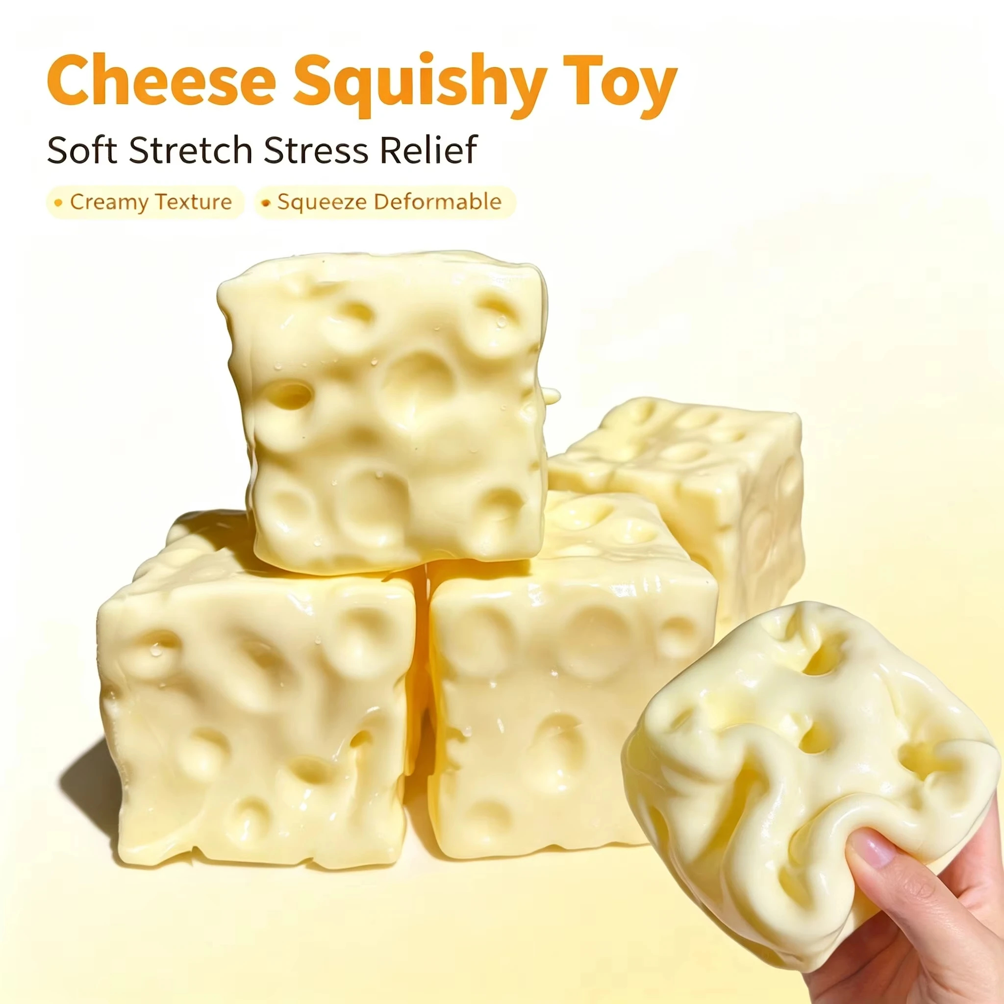 Soft Shapeable Jumbo Cheese Cube Squeeze Ball Non-Bounce Fidget Toy ASMR Sensory Anti-Stress Holiday Gift for Kids Adults