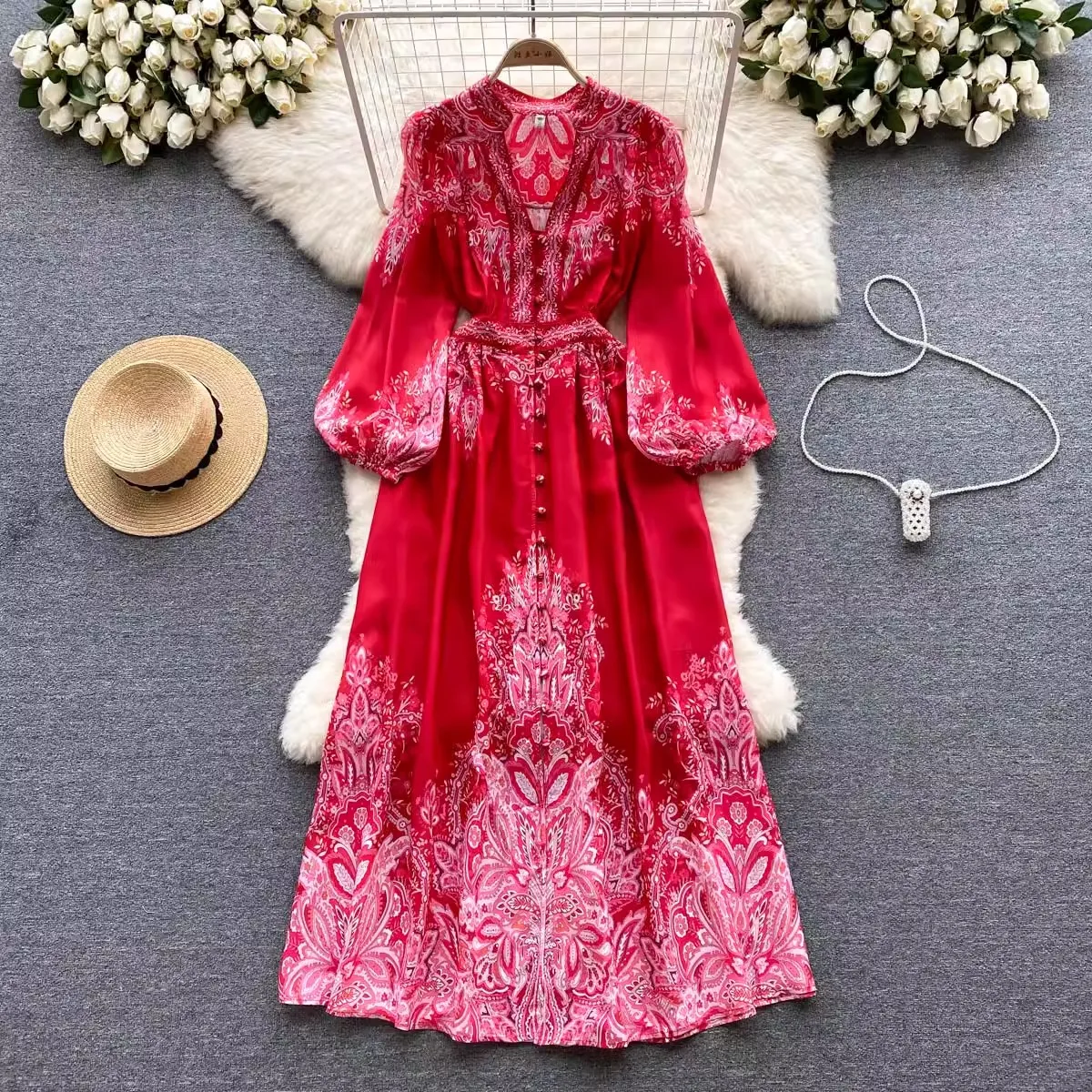 High Quality Runway Desinge Spring Summer Women Print Court Style Vintage V Neck Lantern Sleeve Holiday Beach Boho Long Dresses