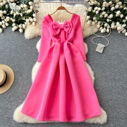 Vintage Women Chic Elegant V-neck Bow Long Sleeve Dress Sexy Fashion Slim Wrap Ball Gown Evening Party Ceremony Dresses