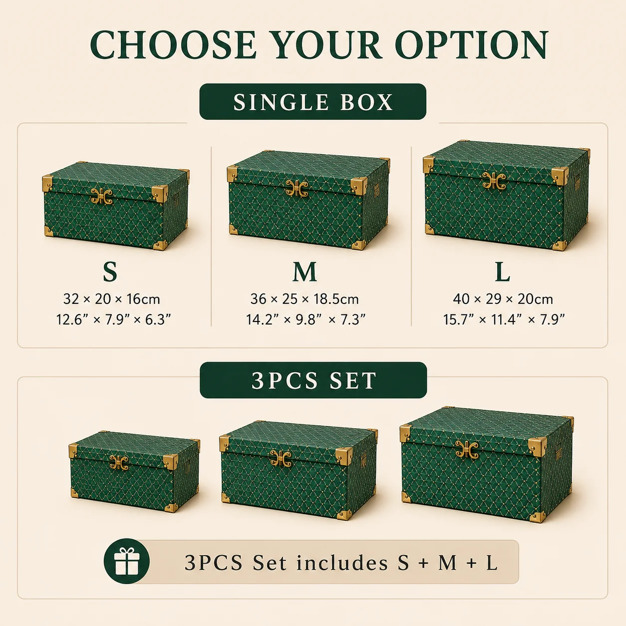 Vintage Faux Leather Storage Trunk Box Decorative Organizer with Gold Corner Accents Available in S M L  3PCS Set