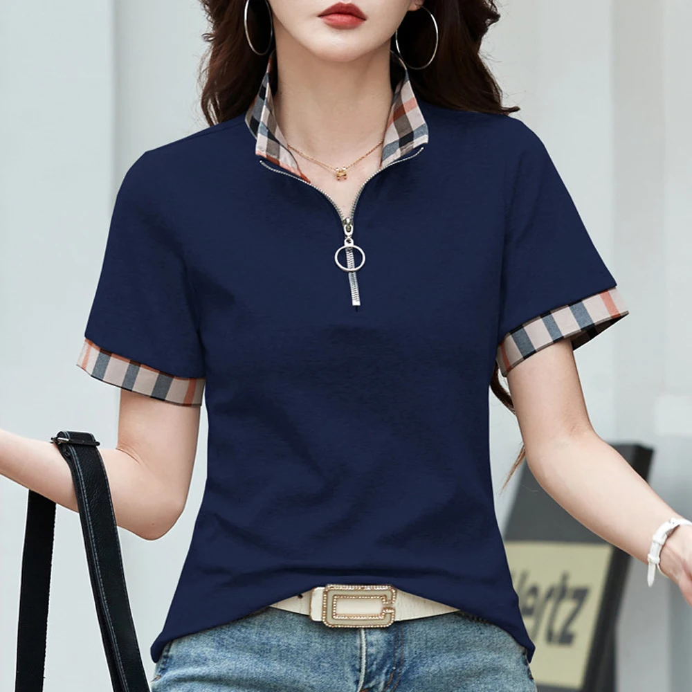 

European Station Polo Collar Checkered Short sleeved T-shirt Women's Summer New Fashion Light Luxury Loose Pure Cotton Top