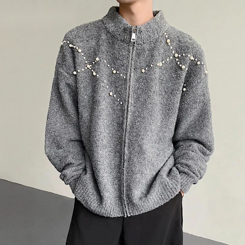 

Knitted Cardigan Jacket Men Handsewn Pearl Decoration Zipper Sweater Autumn New Fashion Men's Clothing Stand Collar 9N1U1