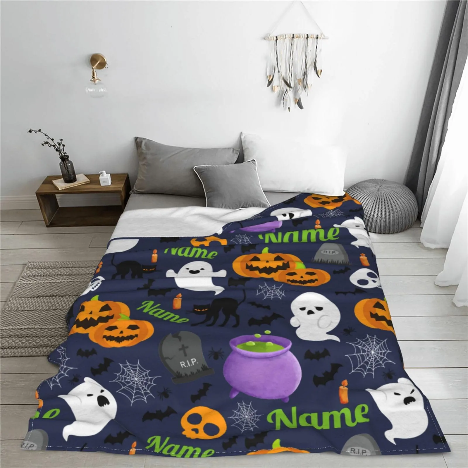 KACISSTY Halloween Blankets DIY Name Cartoon Skull Ghost 3D Printed Blanket Flannel Office Nap Fluffy Quilt Gifts Dropshipping