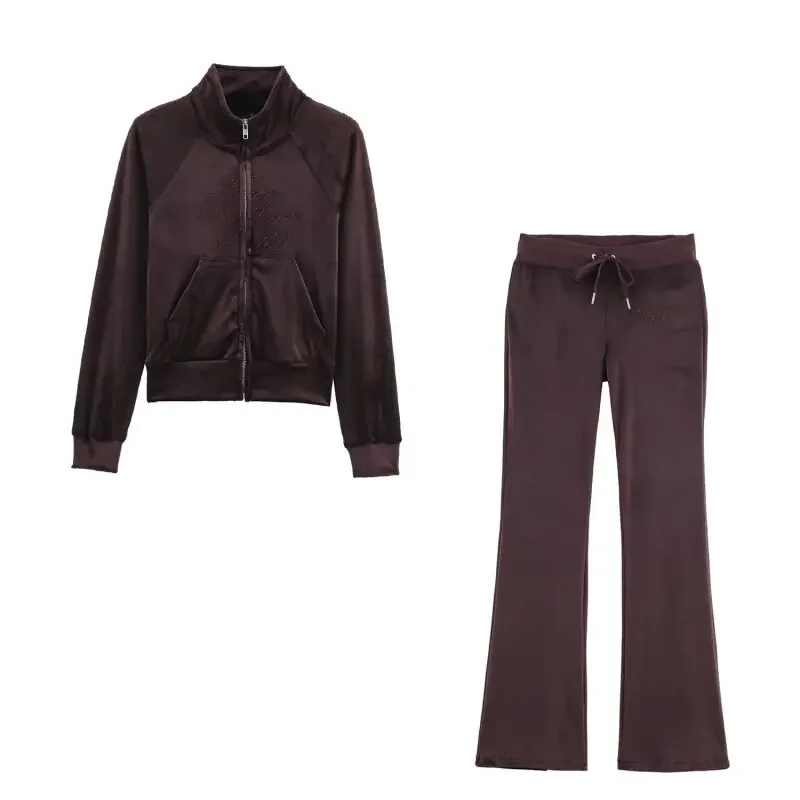 

Lady Velvet Soft Short Coat Jacket Fashion Set Summer Women Streetwear Clothing Tops Long Pants Set Pansuit