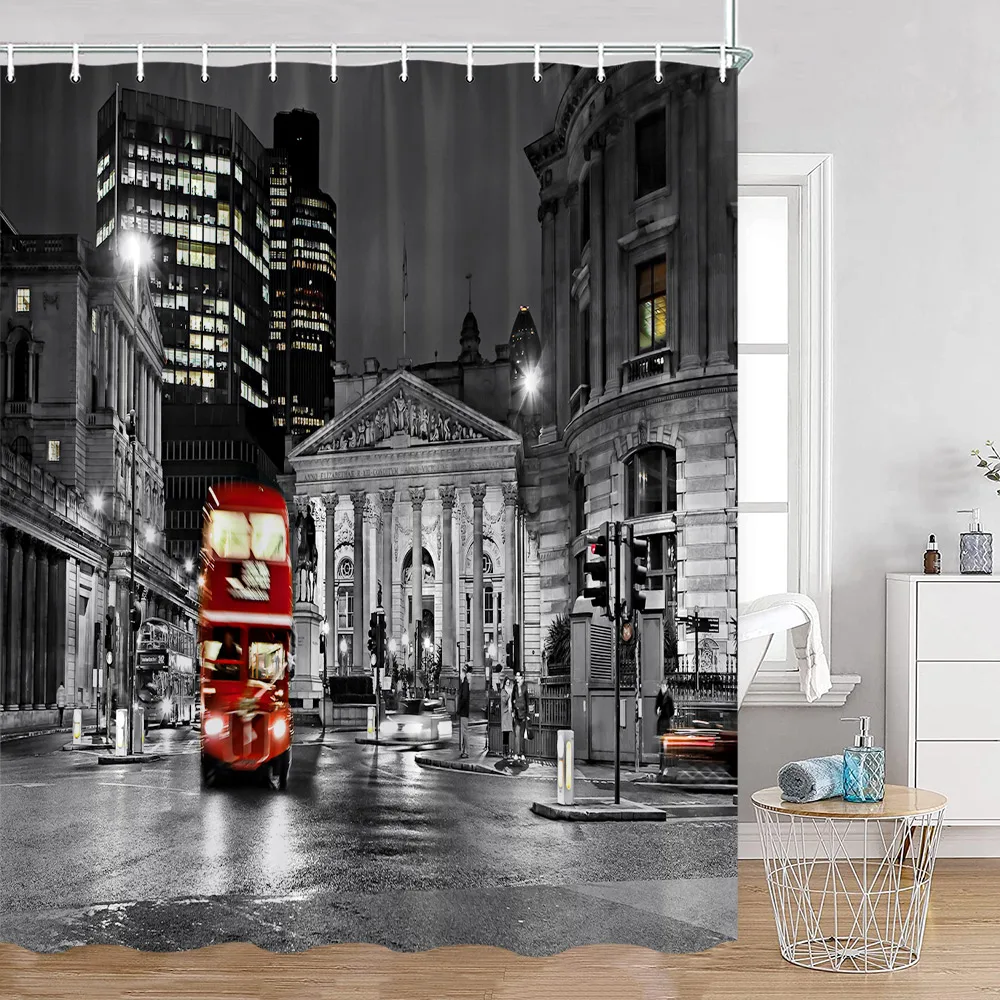 Red Bus UK Cityscape Shower Curtain London Tower Bridge City View Bathroom Decorations European City Bath Curtain with Hooks