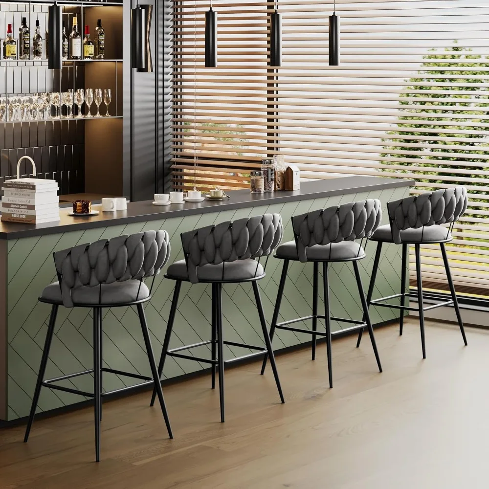 Juego de 4 Taburetes de Barra Altos, Modernos, con Altura de Asiento de 26 Pulgadas, Sillas de Barra de Tela de Terciopelo con Respaldo Tejido Personalizado