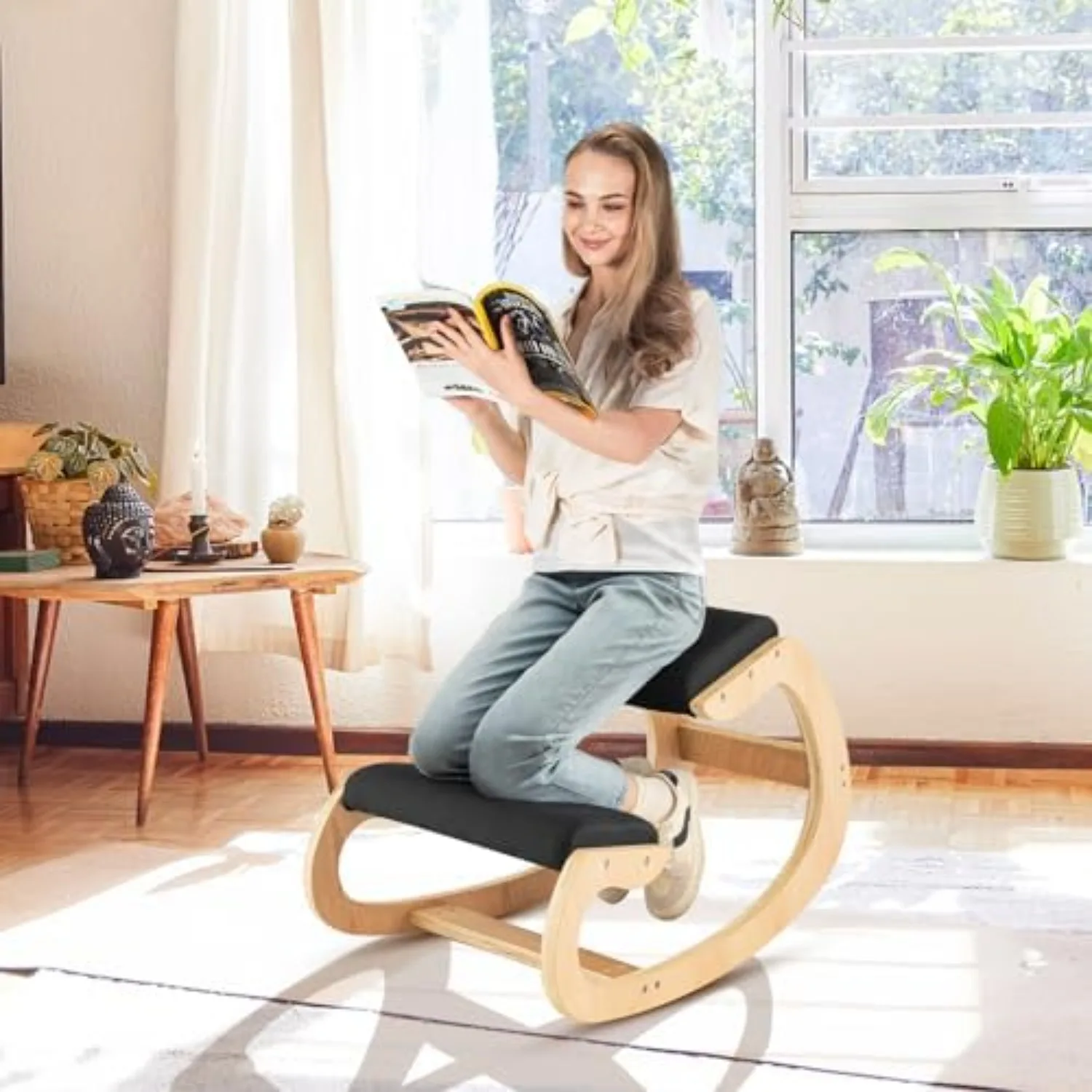 Ergonomic Kneeling Desk Chair, Rocking Knee Chair with Cushion & Solid Wood Frame, Natural Relief for Neck or Back