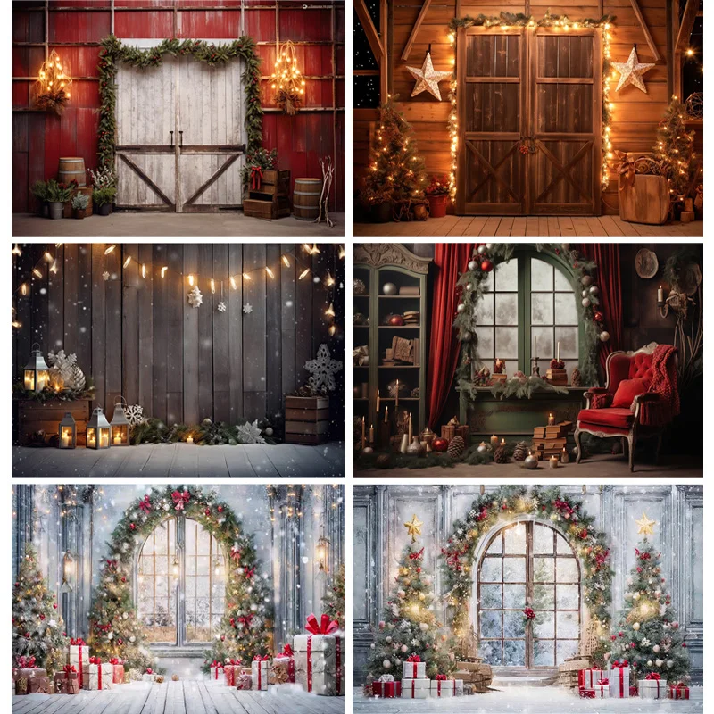 

Christmas Tree With Gift Boxes Photography Backdrops Winter Snow Decorations Wooden Door Fireplace Room Background Props WR-06