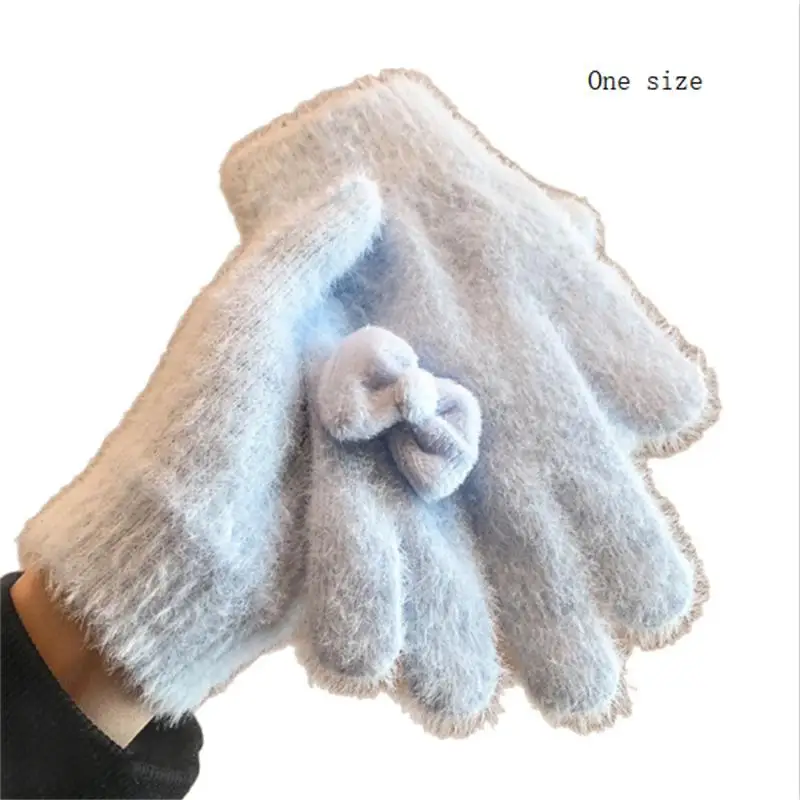 Gants en peluche avec nœud doux pour femmes, chauds d'hiver, à cinq doigts, résistants au froid, accessoires de mode pour étudiants, idées cadeaux de noël