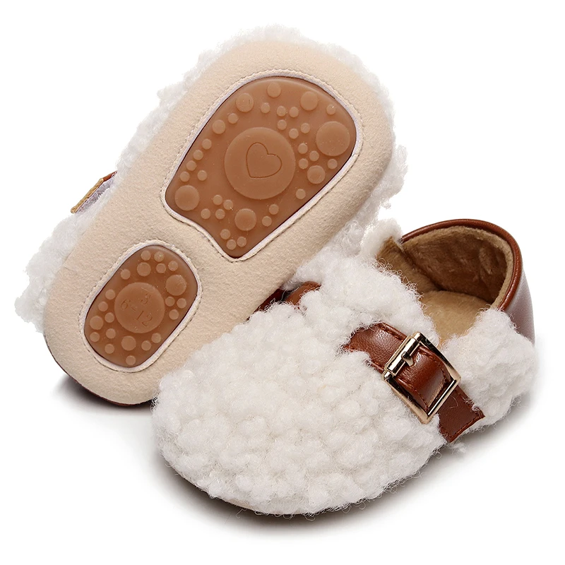 Suefunskry Baby Girls Moccasins Belt Buckle Soft Sole Fleece Plush Flats Shoes First Walkers Non-Slip Fall Winter Princess Shoes