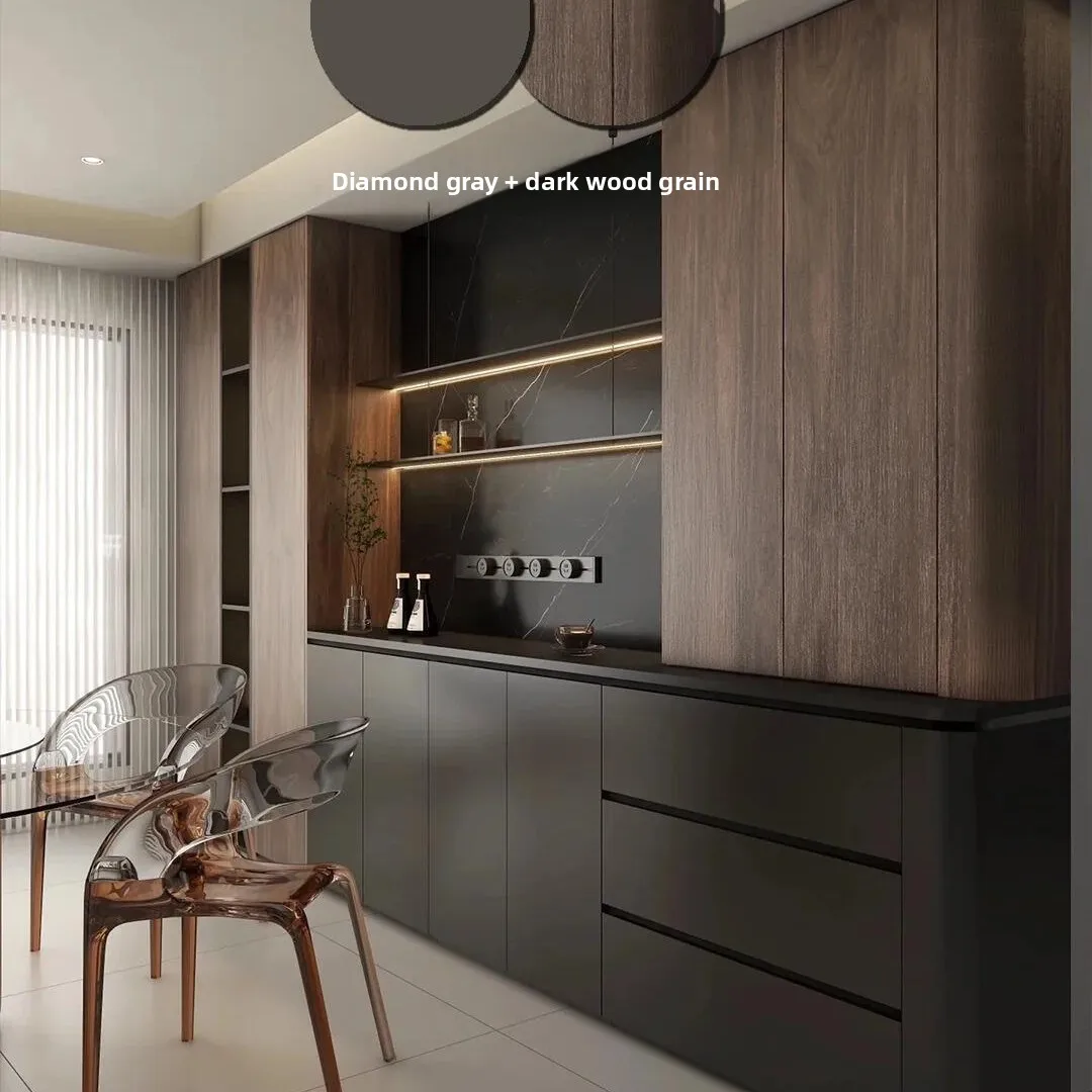 Modern Dark Wood Kitchen Cabinets Custom Plywood Cabinet Set Handleless Built in Kitchen Storage