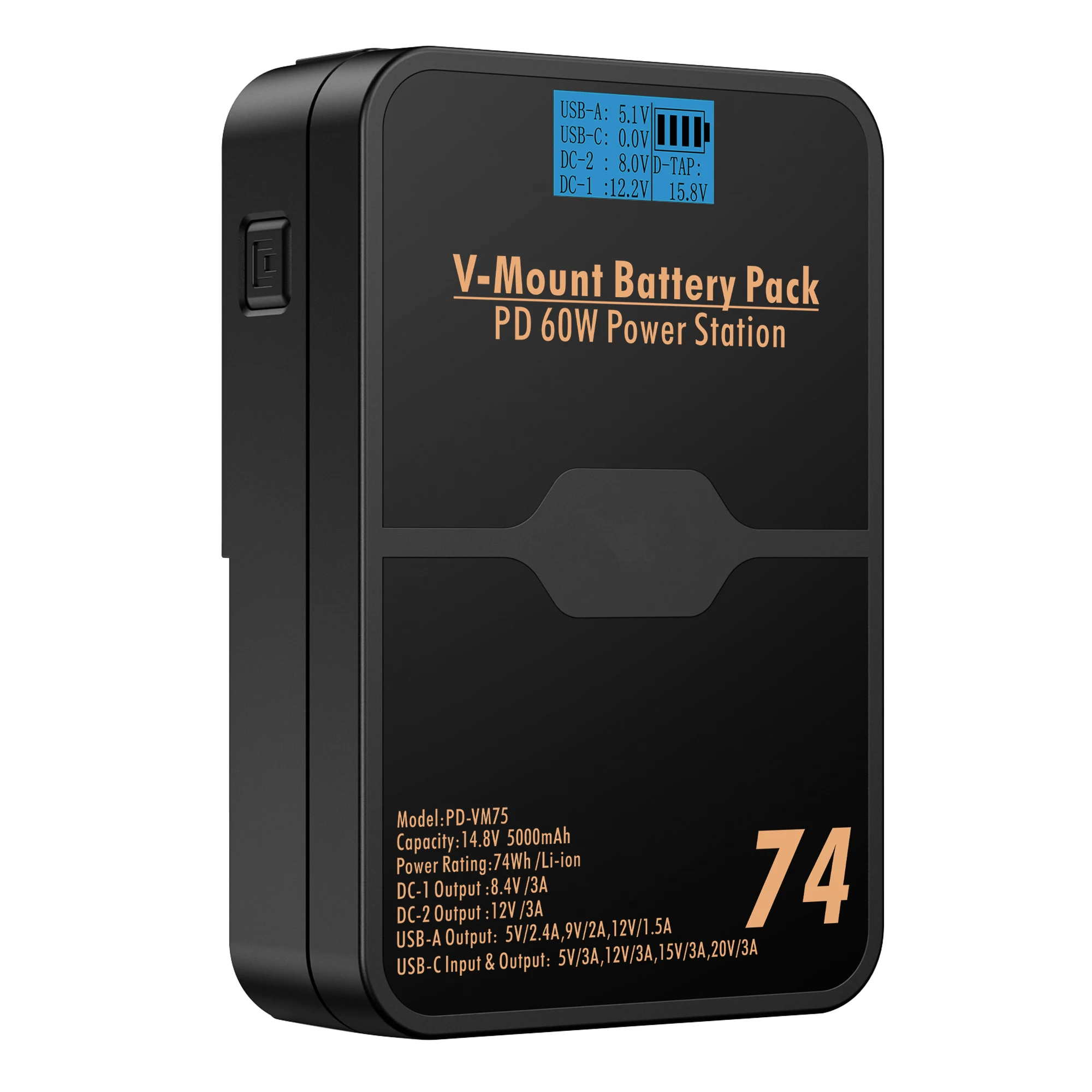 V-Mount 74Wh 5000mAh PD-VM75 Battery Pack with PD 60W USB-C Power Station for Sony Camcorder Video light Monitor Broadcast