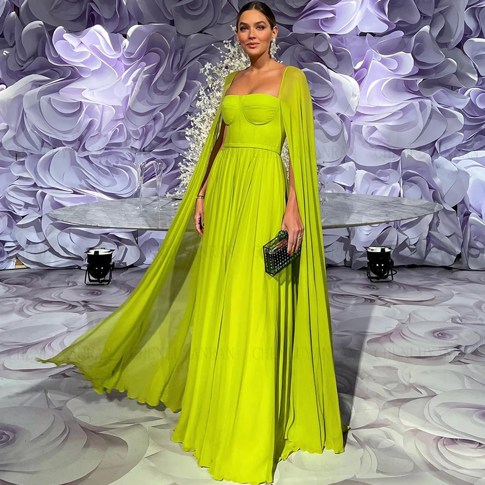 Saudi Arabic Lemon Yellow Dubai Evening Dresses 2023 With Cape Sleeves Elegant Women Wedding Party Formal Gowns Custom Made