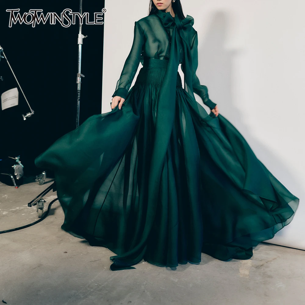 

TWOTWINSTYLE Solid Sheer Two Piece Sets for Women High Neck Long Sleeves Spliced Bow Top Patchwork Folds Skirt Set Female New