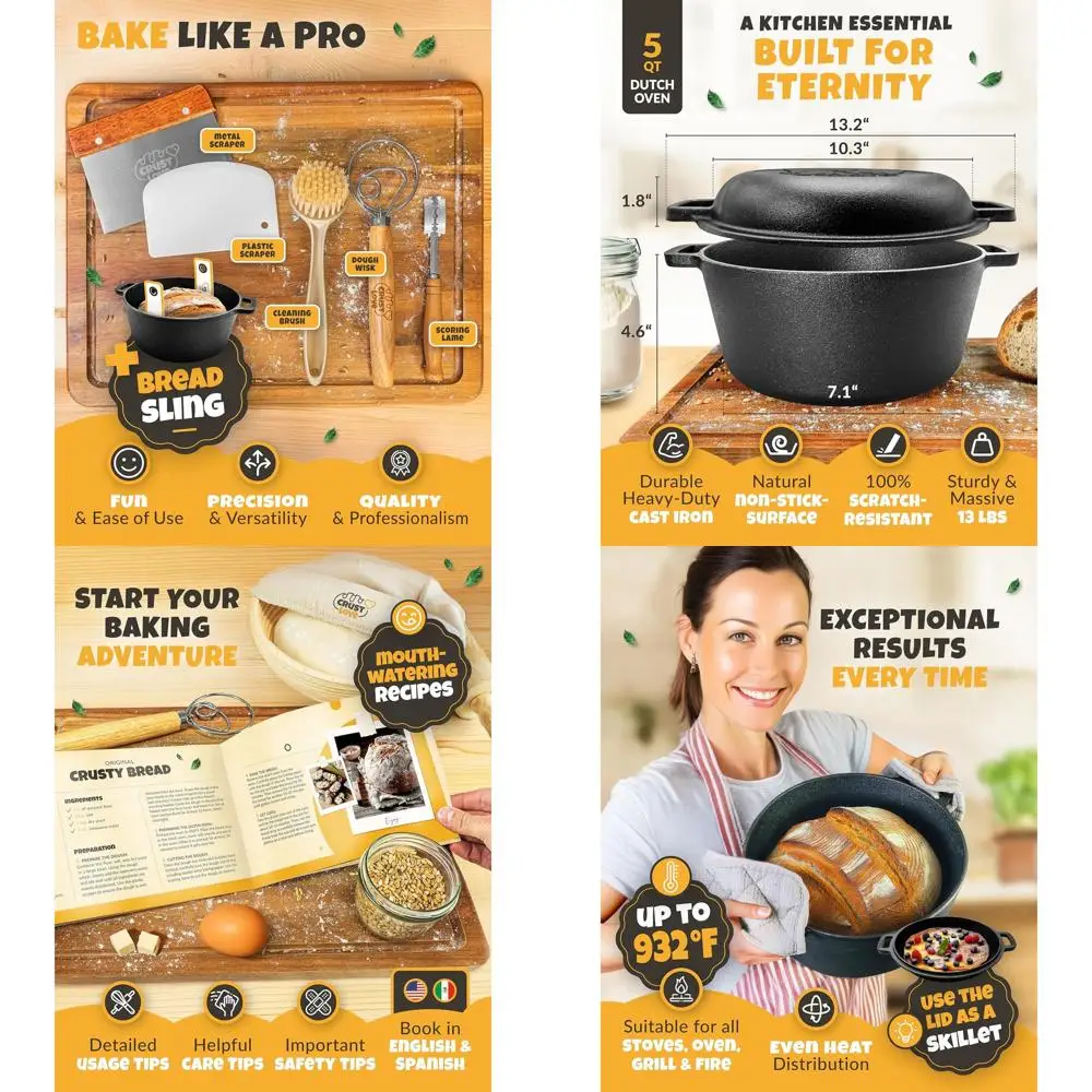 

5-Quart Cast Iron Dutch Oven Bread Baking Kit with Lame, Banneton, and Sourdough Supplies