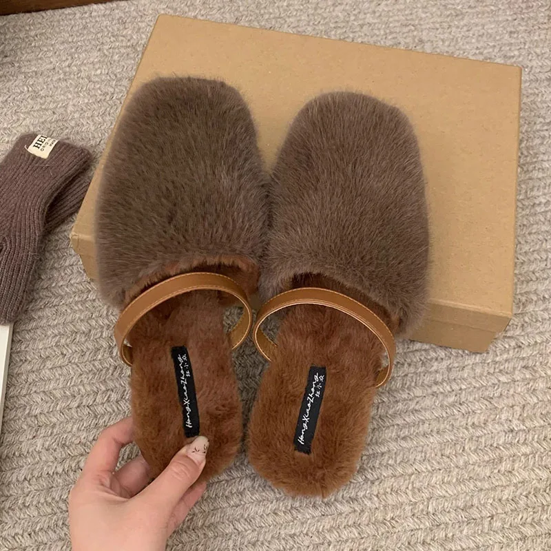 

2025 Winter New Women Warm Furry Slipper Fashion Fur Slip On Mules Shoes Soft Flat Heel Outdoor Casual Slides Shoes New Woman
