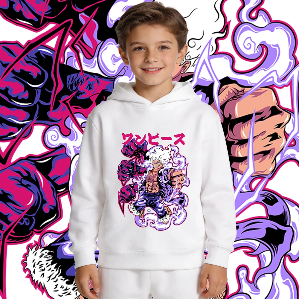 Sudadera con capucha de una pieza con estampado de anime Luffy Gear 5, sudadera polar para niños y niñas, ropa informal cálida para invierno y otoño