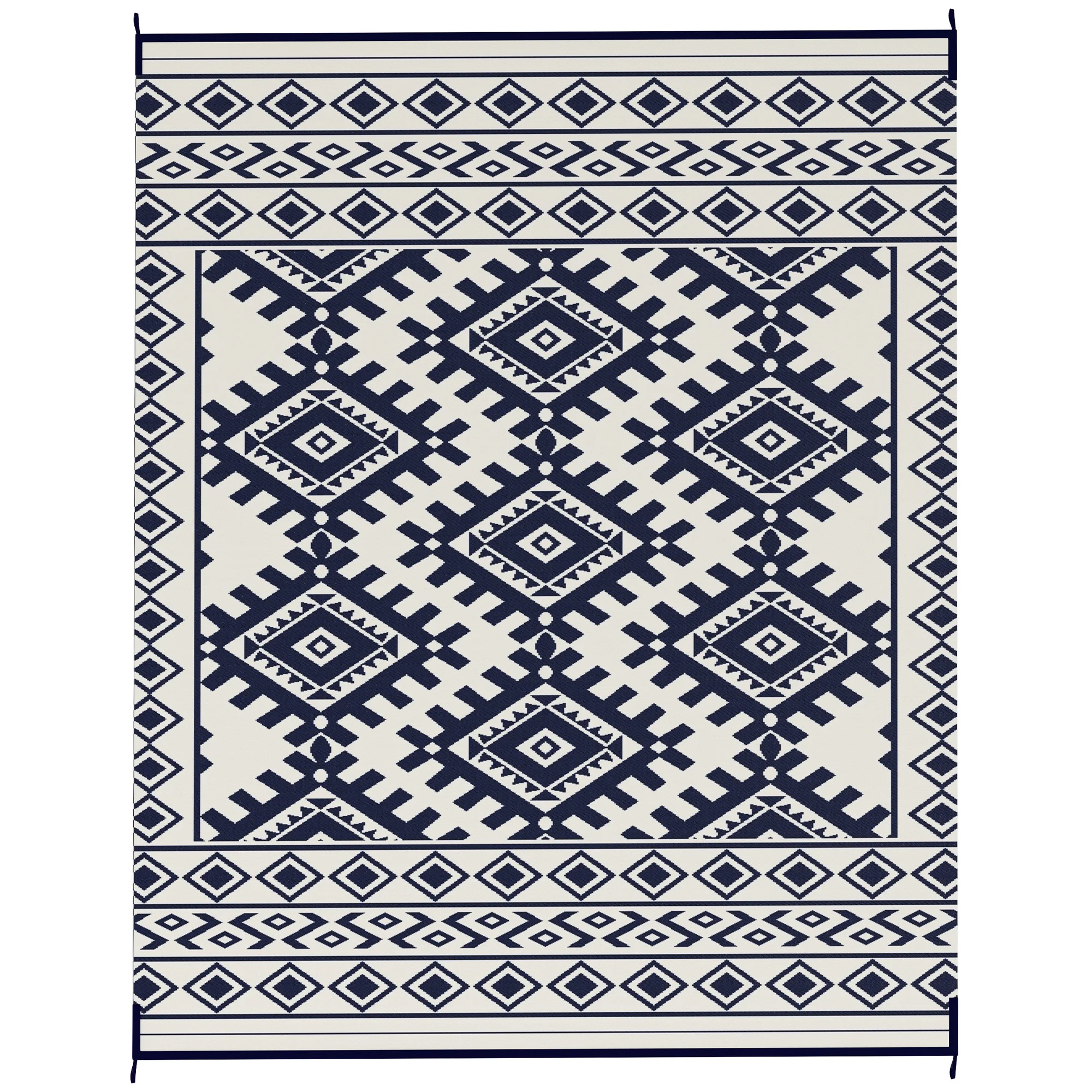 Reversible Outdoor Rug, Waterproof Plastic Straw with Carry Bag, 8' x 10', Blue & White Rhombus Border