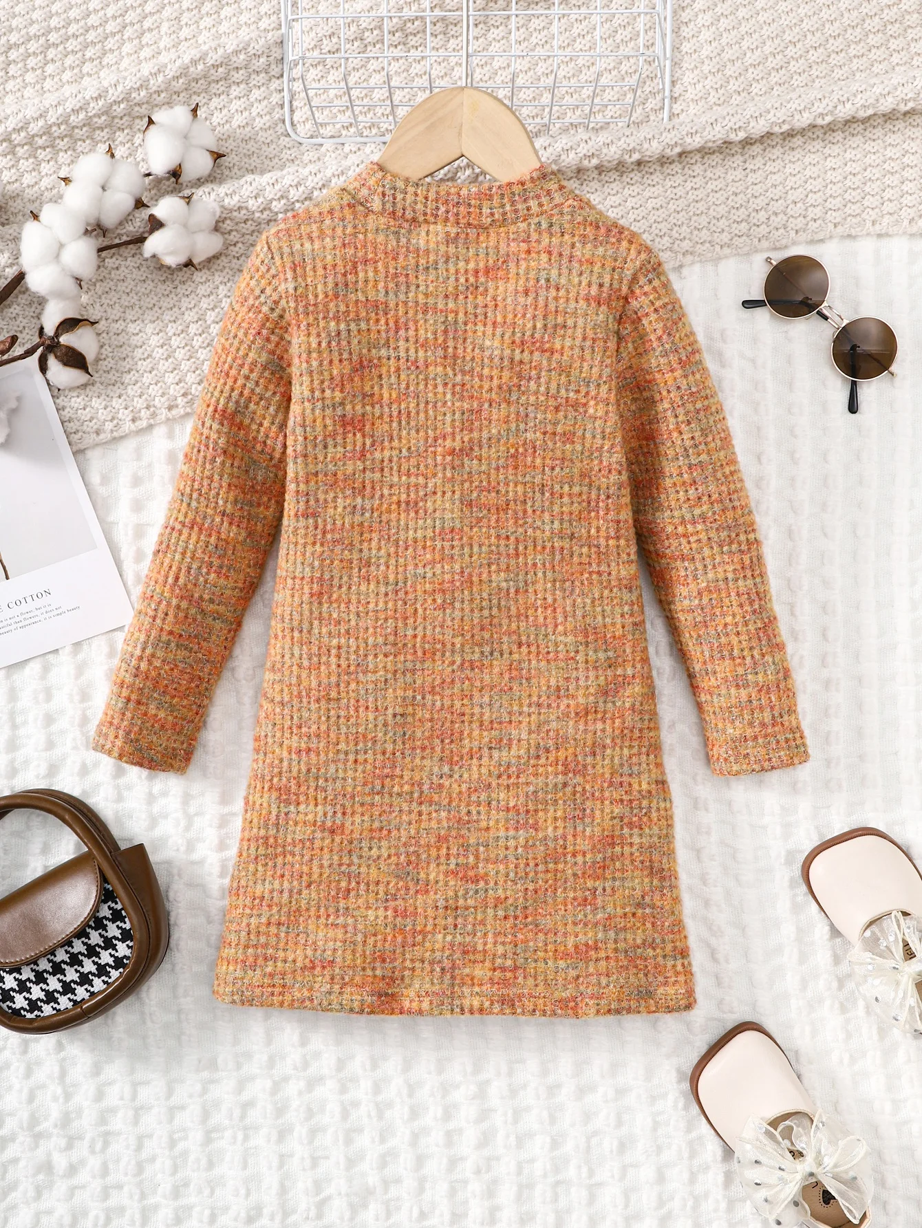 Girls' Round Neck Long Sleeved Waffle Knit Dress Spring And Autumn Clothing