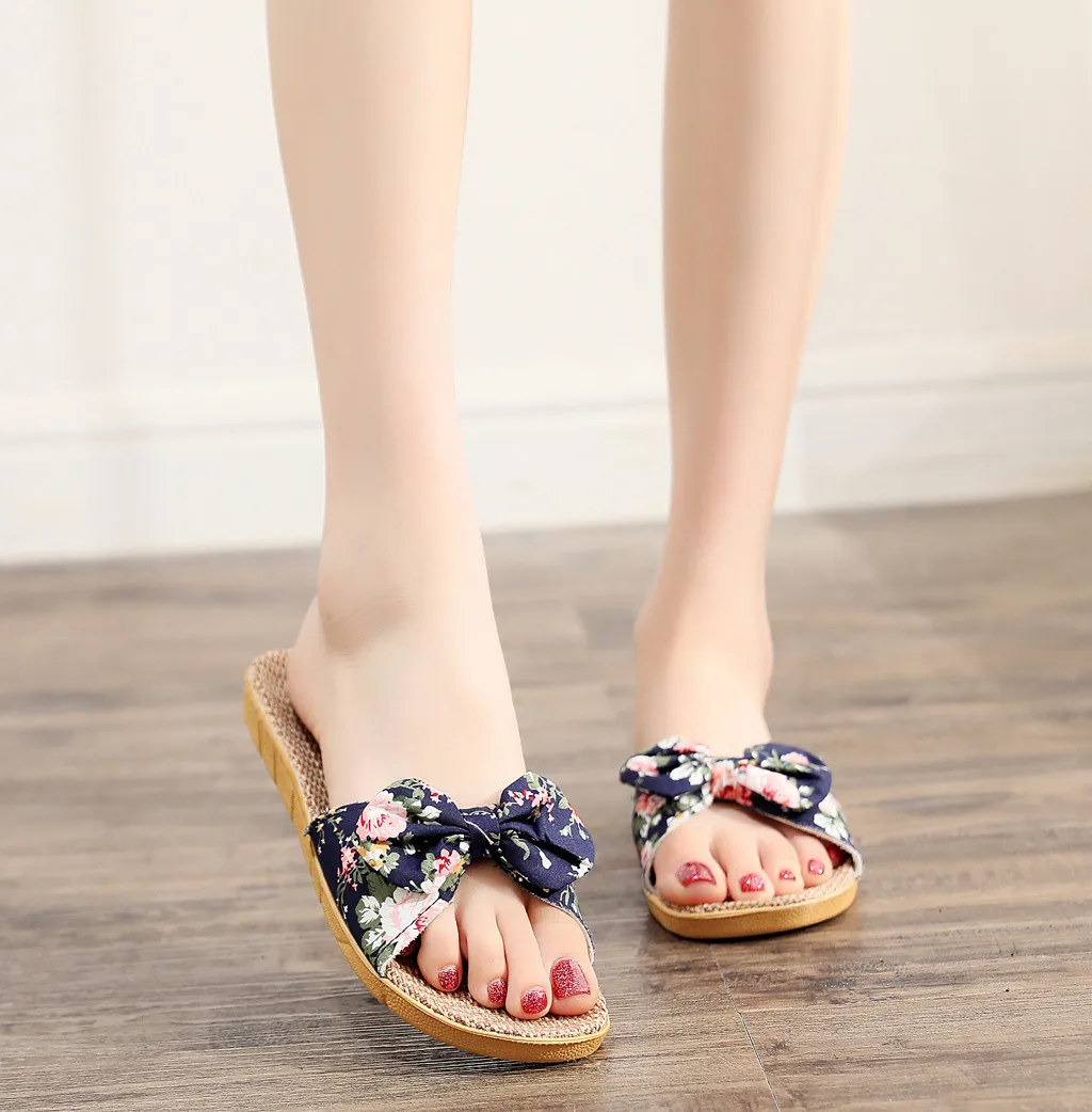 Bohemian Women Slides Floral Bow Decor Summer Sandals Linen Comfort Slippers Beach Shoes Casual House Shoes