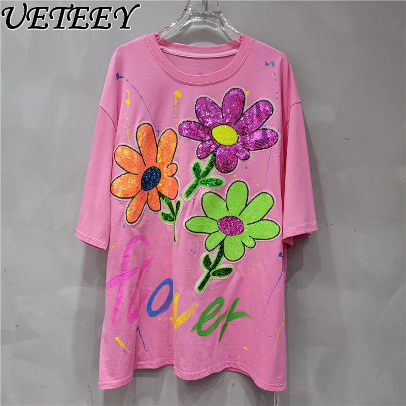 2024 Summer New White Round Neck Heavy Embroidery Sequins Tops Flower Hand Painted Graffiti Loose Short Sleeve T-shirt Female