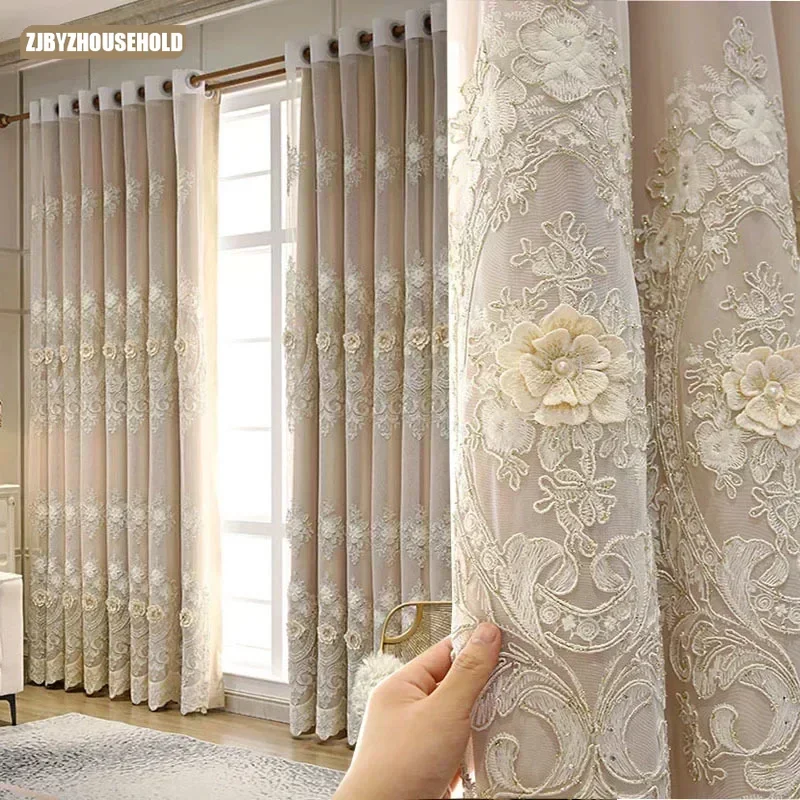 Embroidery Yarn Curtains for Living Room Bedroom Dining European Luxury Tulle Imitation Satin Royal Home Double Layer Romantic