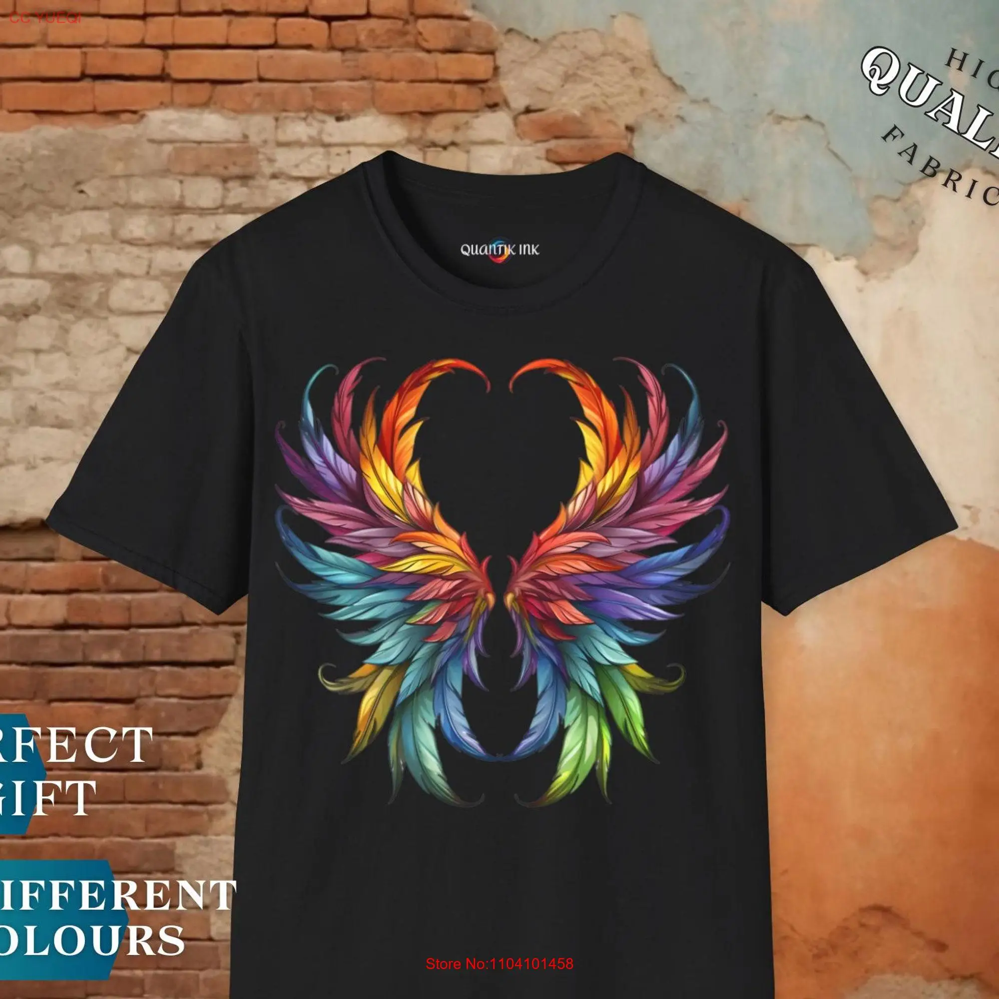 T shirt with Colorful Wings Print Vibrant and Unique Design High Quality Perfect for All Occasions long or short sleeves