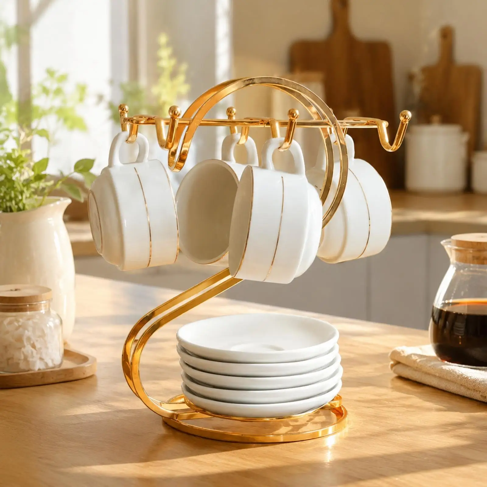 Countertop Cup Rack with Lower Tableware Support Space-Saving S-Shaped Cup Rack Compact for Coffee Station, Dining Area, Café