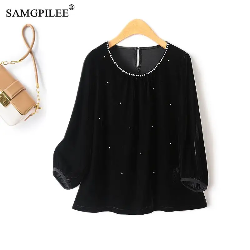 2024 New Autumn T-shirts Pearl Gold Velvet Neckline Light Luxury Three Quarter Sleeve Lantern Sleeve Loose Top Bottoming Shirts