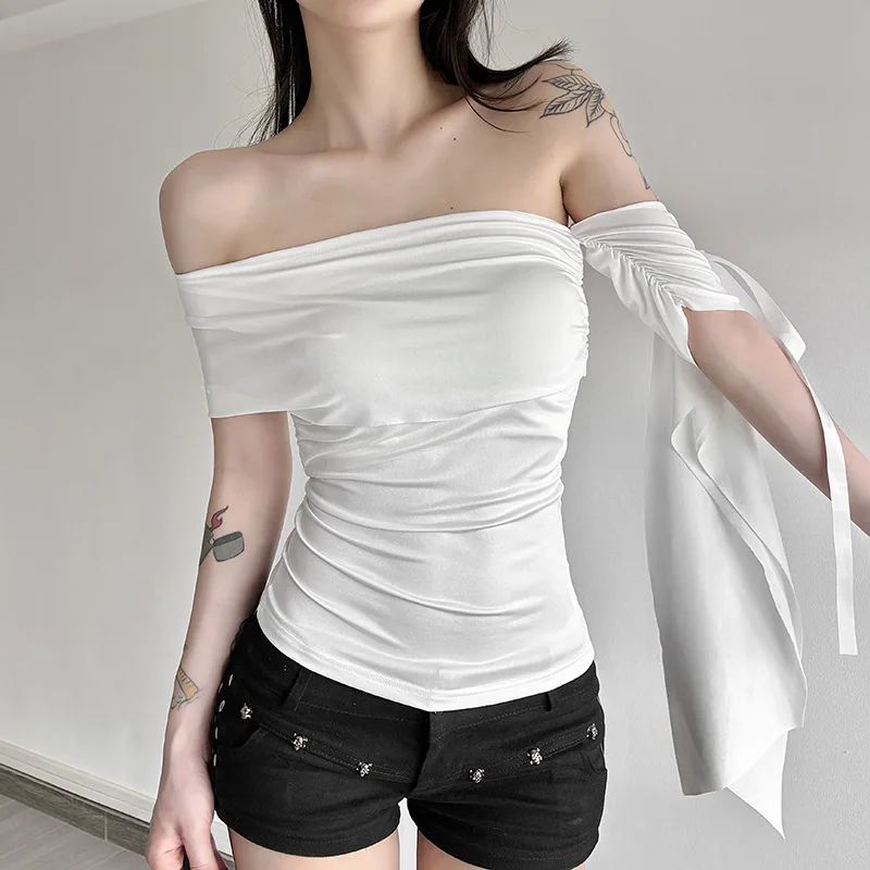 2025 Summer Cross-border New Thin Slim-fitting White Moonlight Straps Versatile One-word Shoulder-wrapped Vest Top