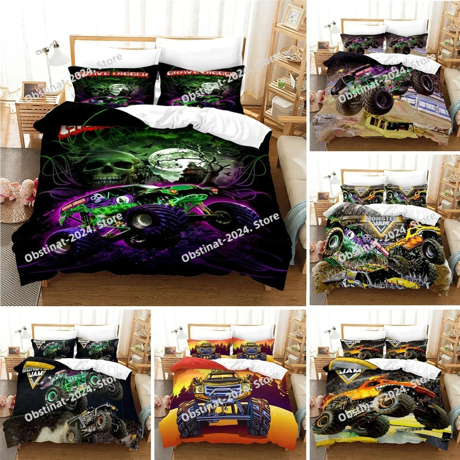 Boys Cars Duvet Cover Cartoon Monster Truck Cool Vehicle Bedding Set Off Road Vehicle Locomotive Comforter Cover King Full Size
