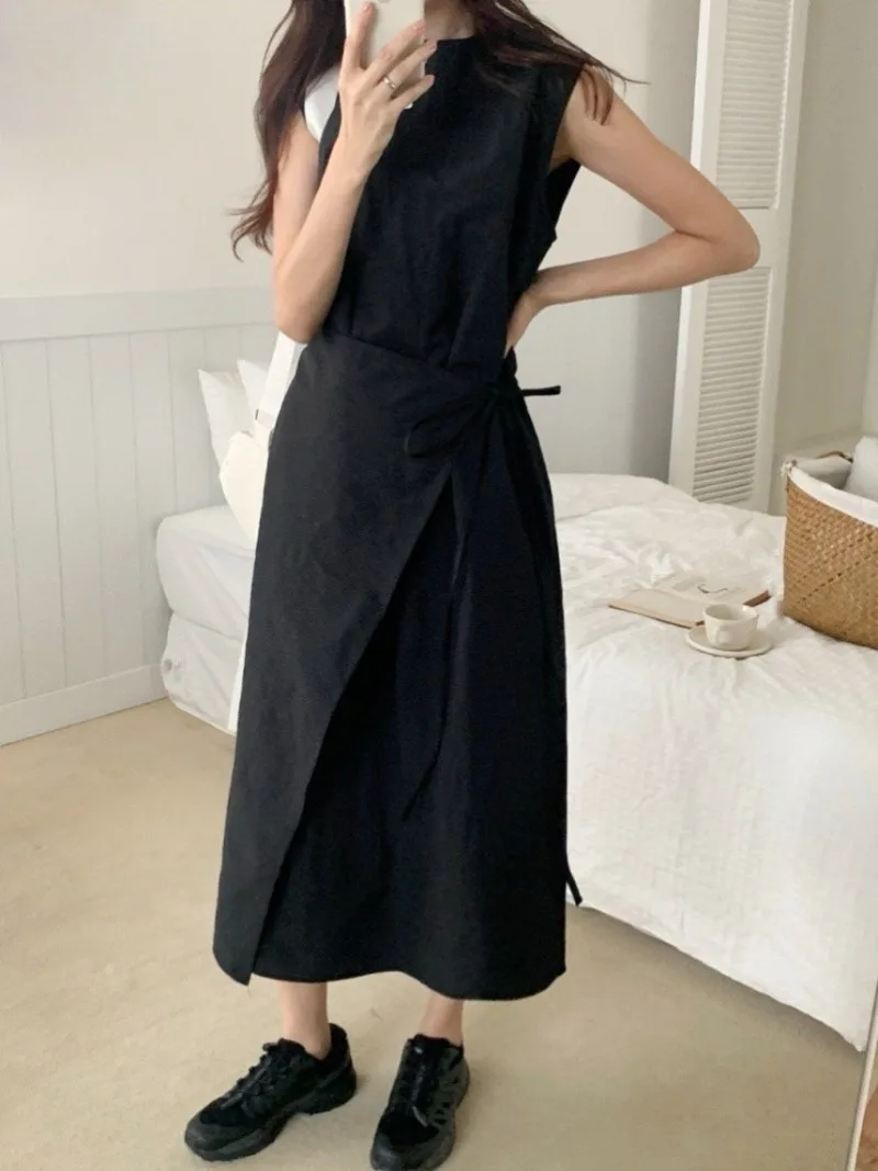 Korean Chic Lace-up Bow Vestidos Round Neck Sleeveless Women 2024 Dress High Waist Vestido Summer New Dresses Irregular Robes