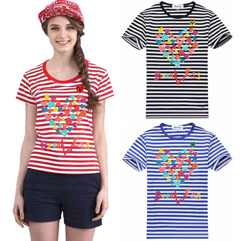 Футболка Мужская/Женская в полоску, хлопковая с вышивкой в виде сердечек и очков, с надписью «Love», с коротким рукавом и круглым вырезом, летняя Футболка Мужская/Женская в полоску, хлопковая с вышивкой в виде сердечек и очков, с надписью «Love», с коротким рукавом и круглым вырезом, летняя