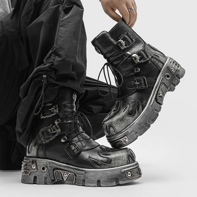 الرجعية الرجال تشيلسي الأحذية الفضة البني الرجال سميكة سوليد الارتفاع زيادة المضادة للانزلاق مصمم أزياء العلامة التجارية في الهواء الطلق دراجة نارية الأحذية