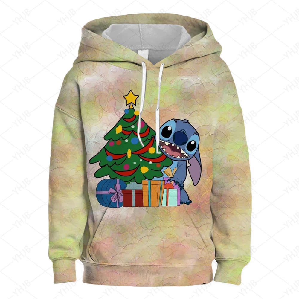 2024 New Disney Children Clothes Stitch Girls Merry Christma Girls Short Sweatshirt Print Pullover Casual Cartoon Girls Top