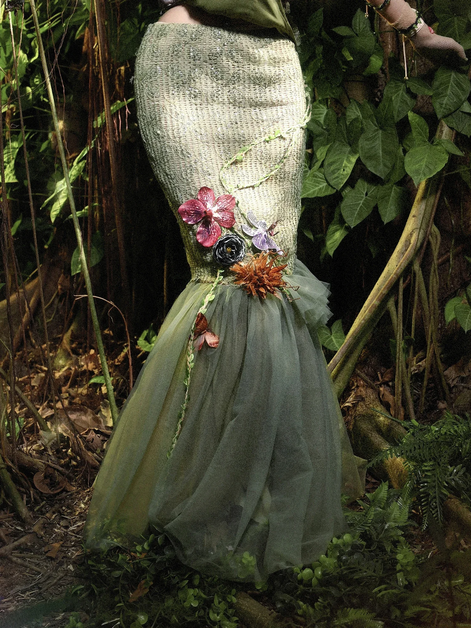IMU Blood Supply Forest Elf Sequins Florals Mesh Long Trumpet Skirt Fairy Green Party X-long Sexy Floral Fairy Skirts Jupe