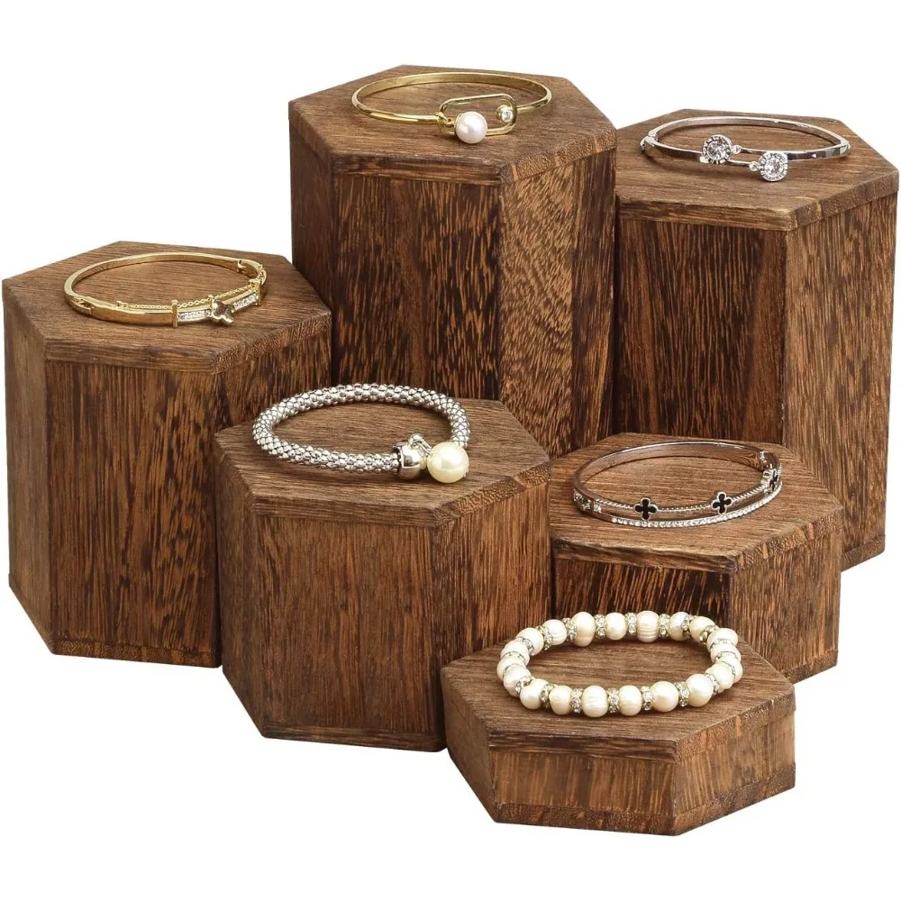 Elevadores hexagonales de madera de 6 piezas para expositor de joyería y accesorios, marrón