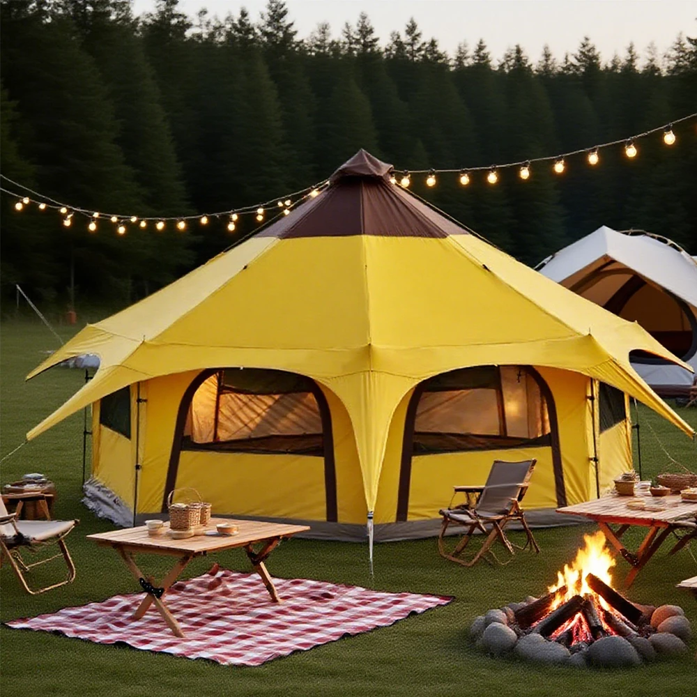STLF Yellow Hexagonal UV-Resistant Mongolian Yurt Tent Large Space Four-Season Waterproof Family Outdoor Camping Tent - Image 3