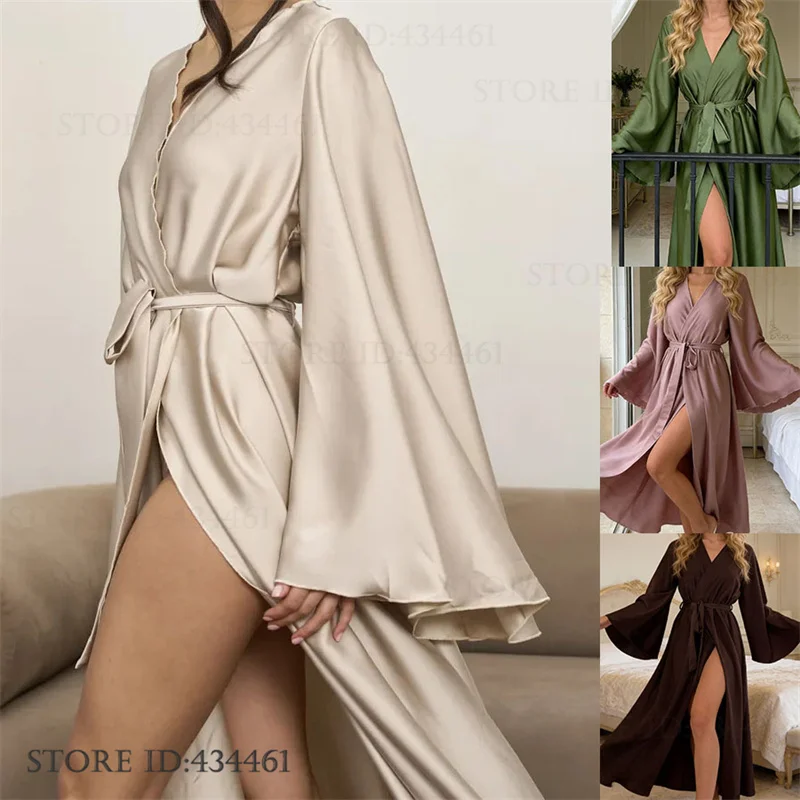

Fashion Ice Silk Long Robe Kimono Bathrobe Gown Elegant Female Sleepwear Home Dress Loose Casual Nightwear Lounge Wear Pajama